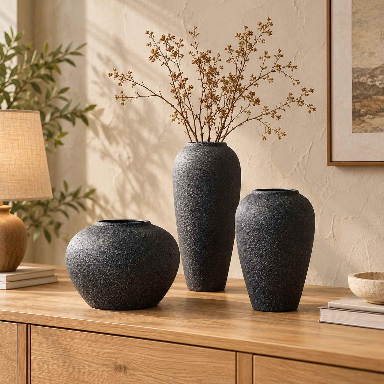 Black Textured Ceramic Vase – Three Sculptural Styles
